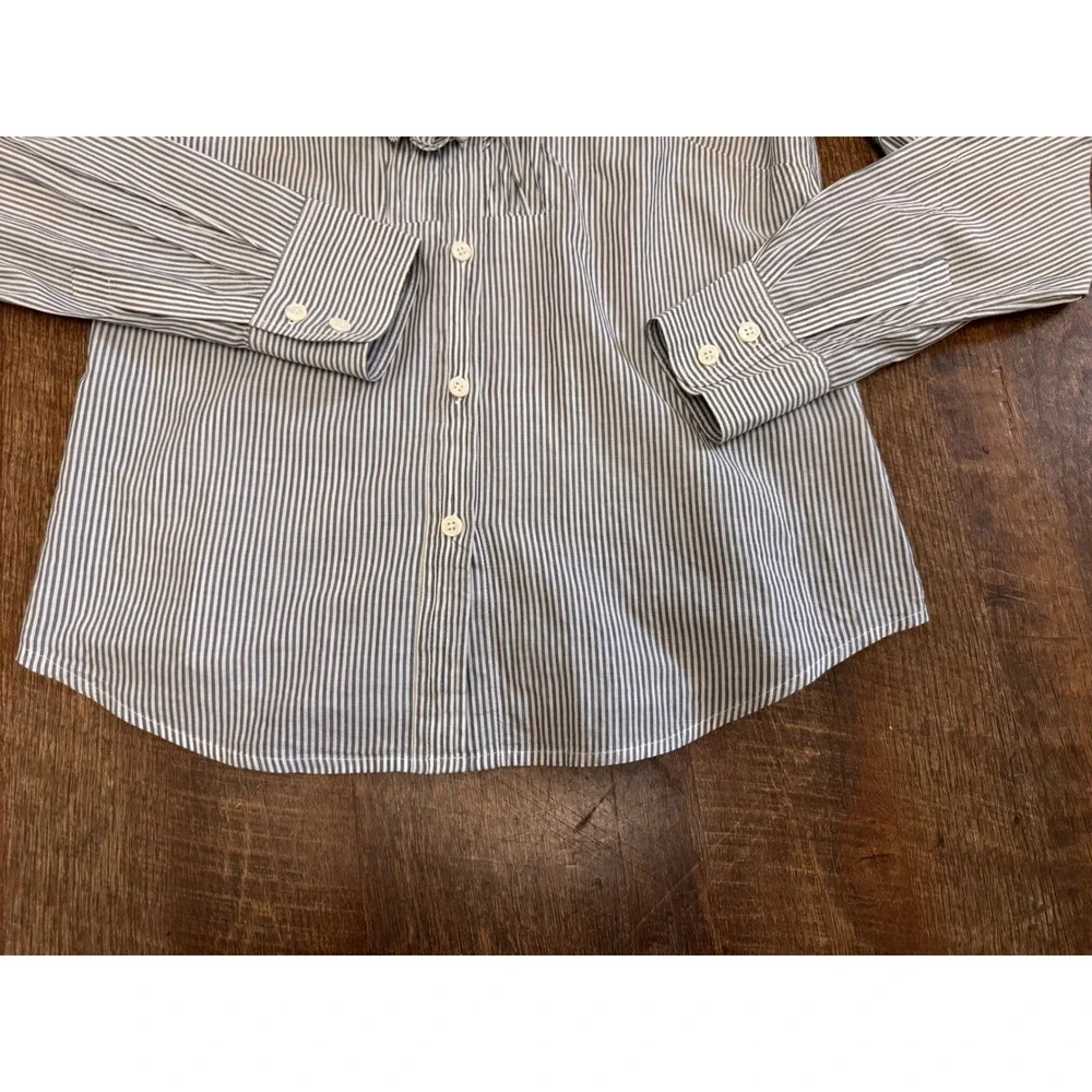 J.Crew Size 4 Blue White Pinstripe Ruffle Front Cotton Button Down Blouse